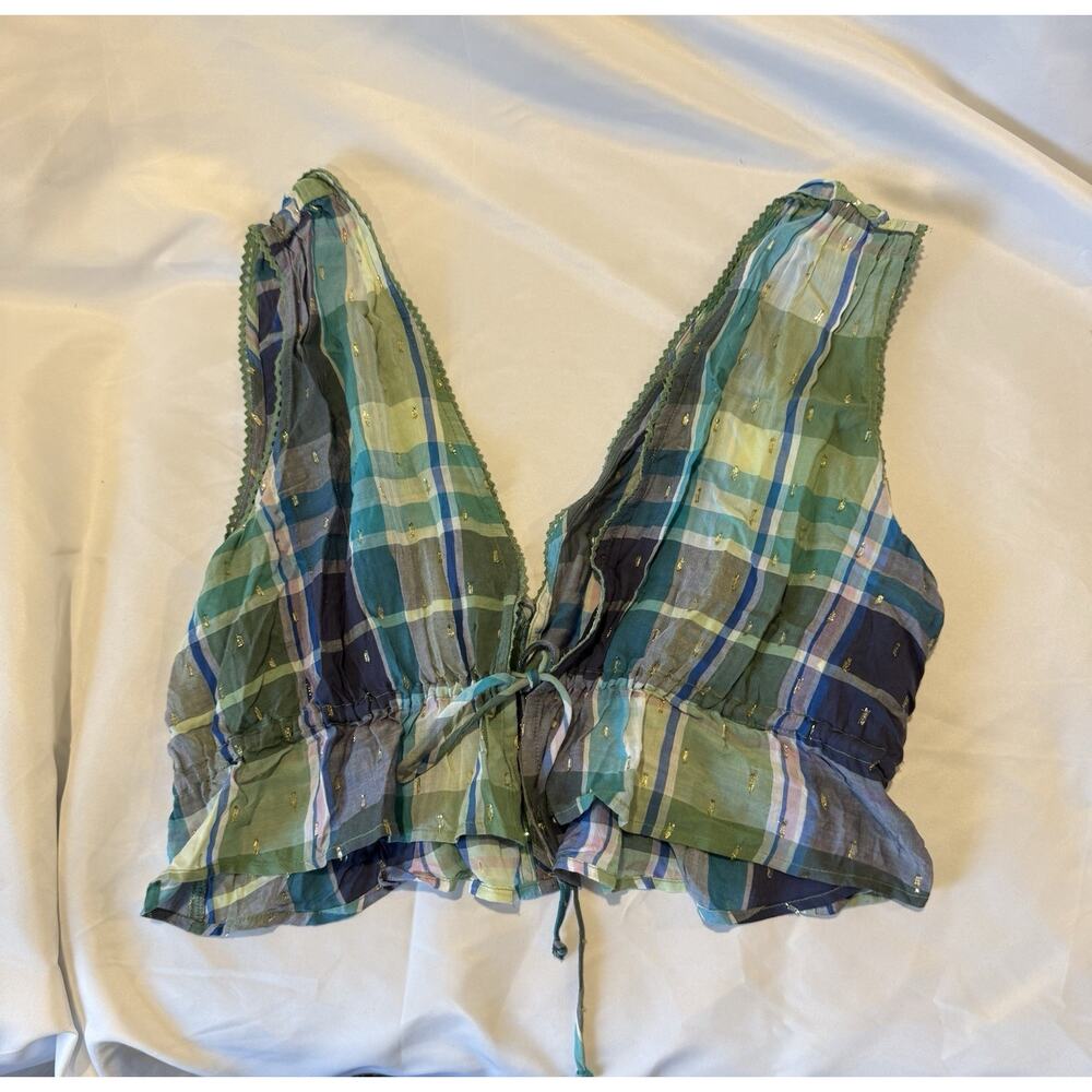 Aerie Green Blue Tie Back Tank Top Womens Sz Small Cropped Boho Feminine V Neck